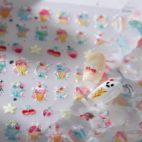 3D Stereoscopische Nagelstickers Zoete Zomer IJs Aardbei Patroon Reliëf Manicure Decals Voor Vrouwen Meisjes Cadeau