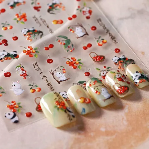 Chinese Style Nail Art Stickers M564 Cute Panda Rabbit Cherry 5D Relief Self Adhesive Ultra Thin Nail Decals For Women