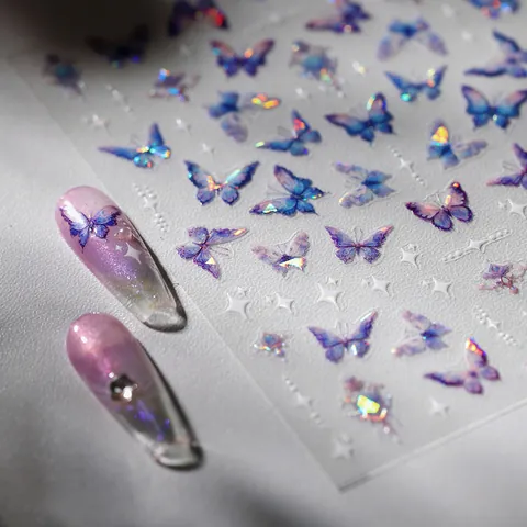 Holographische Laser Schmetterling Nagelaufkleber Ultradünn Selbstklebend Blau Violett Farbverlauf Maniküre Dekoration Für Damen