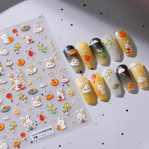 3D Embossed Mid-Autumn Festival Nail Art Stickers Cute Jade Rabbit Mooncake Lantern Osmanthus Self Adhesive Nail Decals For Women