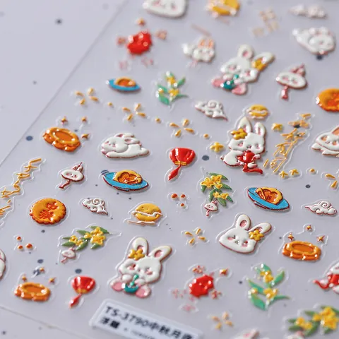 3D Embossed Mid-Autumn Festival Nail Art Stickers Cute Jade Rabbit Mooncake Lantern Osmanthus Self Adhesive Nail Decals For Women