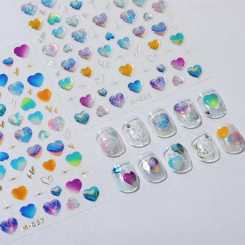 3D Embossed Laser Heart Nail Stickers Colorful Aurora Gradient Starry Self Adhesive Decals For Women DIY Nail Art Decor