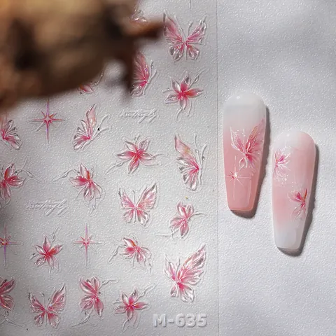 5D Embossed Butterfly Nail Art Stickers Iridescent Pink Purple Star Design Self Adhesive Decals For Women DIY Salon Manicure