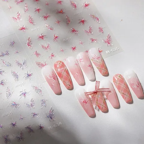 5D Embossed Butterfly Nail Art Stickers Iridescent Pink Purple Star Design Self Adhesive Decals For Women DIY Salon Manicure