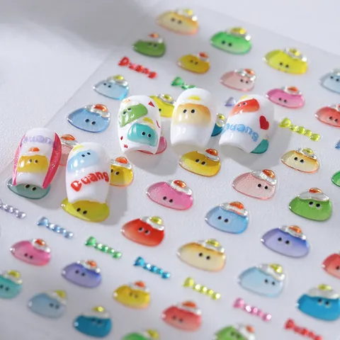 3D Embossed Nail Stickers Cute Cartoon Smiley Face Jelly Texture Self Adhesive Nail Art Decals For Women DIY Decoration
