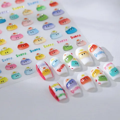 3D Embossed Nail Stickers Cute Cartoon Smiley Face Jelly Texture Self Adhesive Nail Art Decals For Women DIY Decoration