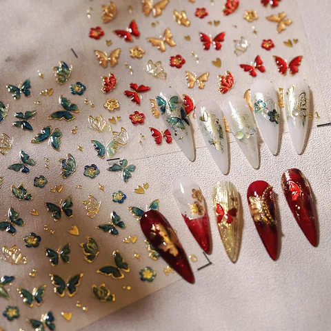 3D Relief Schmetterling Nagelkunst Aufkleber Metallisch Bronzierung Blume Herz Designs Selbstklebende Decals Nagel Dekoration Damen
