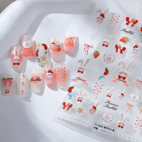 5D Relief Nail Stickers Rococo Rabbit Red Bow Strawberry Pattern Embossed Self Adhesive DIY Nail Art Decals Women Beauty Decoration