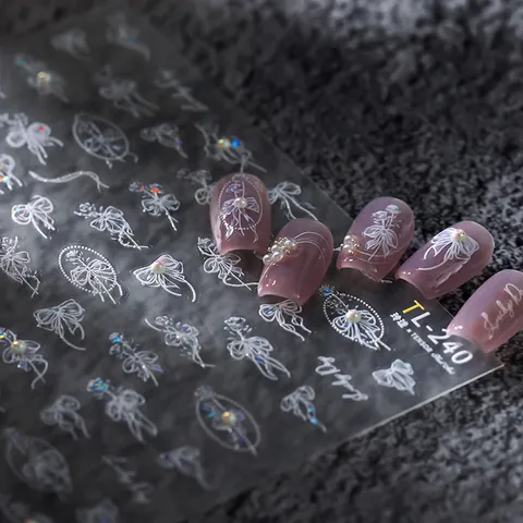 3D Reliëf Strik Hart Bloem Nagelkunst Stickers Zelfklevend Wit Kant Kunstparel Ontwerp DIY Manicure Decoratie Vrouwen