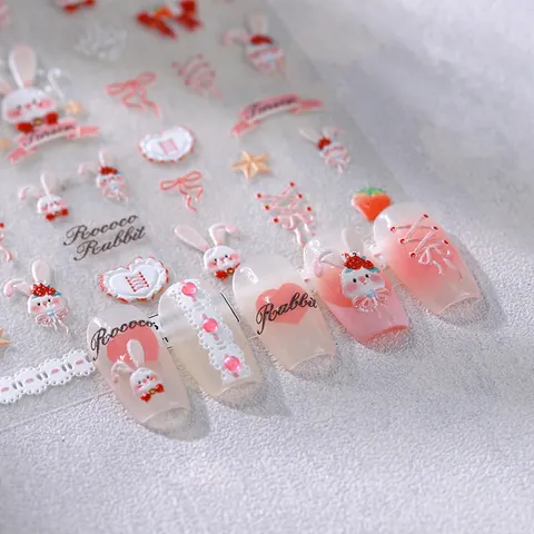 5D Relief Nail Stickers Rococo Rabbit Red Bow Strawberry Pattern Embossed Self Adhesive DIY Nail Art Decals Women Beauty Decoration