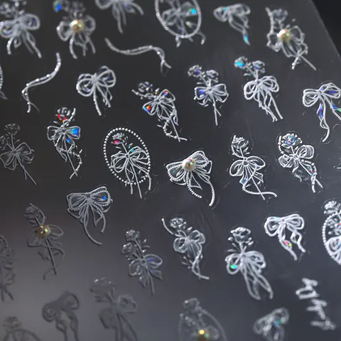 3D Reliëf Strik Hart Bloem Nagelkunst Stickers Zelfklevend Wit Kant Kunstparel Ontwerp DIY Manicure Decoratie Vrouwen