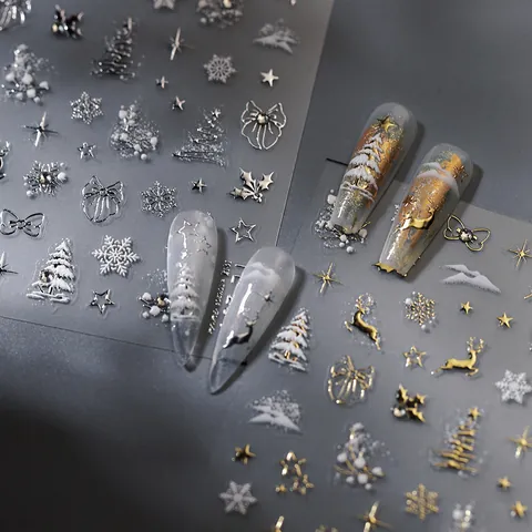 3D Embossed Christmas Nail Art Stickers Metallic Snowflake Reindeer Christmas Tree Bow Star DIY Manicure Decals For Women Holiday Decoration