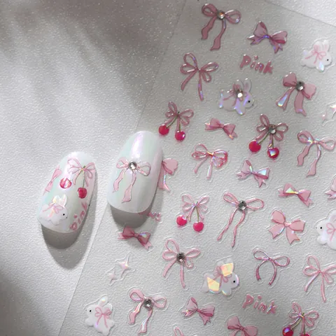 3D Relief Nail Art Stickers Bowknot Rabbit Cherry Laser Holographic Sweet Cute DIY Manicure Decoration For Women