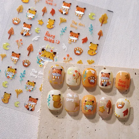 3D Geprägte Fuchs Nagelaufkleber Herbst Ahornblatt Laser Goldprägung Nagelkunst Abziehbilder Für Damen DIY Maniküre Dekoration