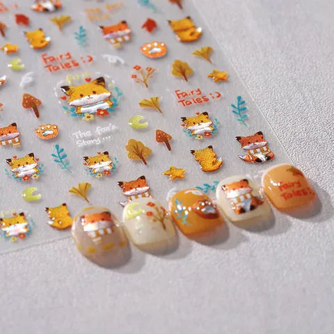 3D Geprägte Fuchs Nagelaufkleber Herbst Ahornblatt Laser Goldprägung Nagelkunst Abziehbilder Für Damen DIY Maniküre Dekoration