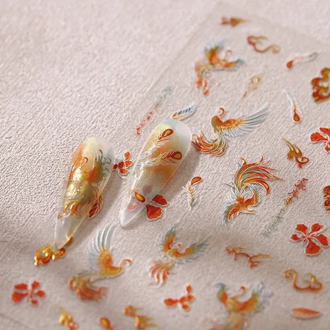 3D Chinesischer Stil Phönix Nagelaufkleber Gold Bronzieren Traditionelles Muster Selbstklebend Maniküre Dekoration Für Damen
