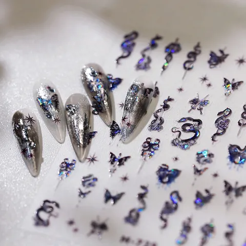 Dark Gothic Holographic Nail Art Stickers Snake Butterfly Rose Laser Embossed 3D Nail Decals For Women DIY Manicure