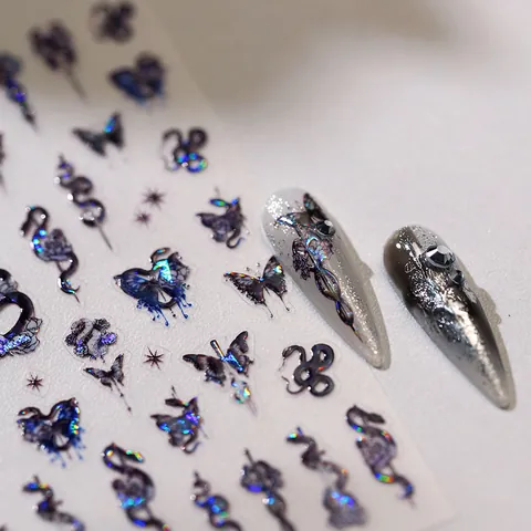 Dark Gothic Holographic Nail Art Stickers Snake Butterfly Rose Laser Embossed 3D Nail Decals For Women DIY Manicure