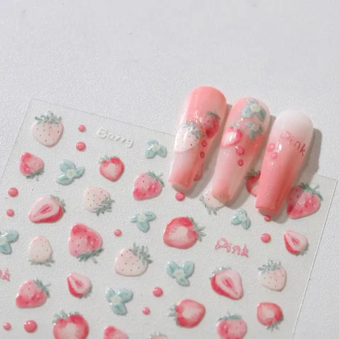 3D Geprägte Erdbeere Nagelkunst Aufkleber Rosa Beere Relief Frucht Maniküre Abziehbilder Süße Nagel Dekorationen Für Frauen DIY