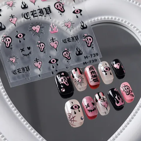 Gothic Rosa Schwarz Nagelaufkleber M739 Geprägte Herz Skelett Spinnennetz Laser Holografische Decals Für Halloween Party Damen