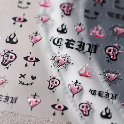 Gothic Rosa Schwarz Nagelaufkleber M739 Geprägte Herz Skelett Spinnennetz Laser Holografische Decals Für Halloween Party Damen