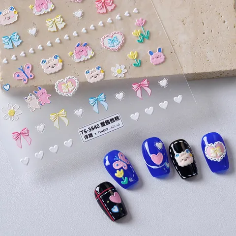 3D Relief Cartoon Bear Nail Art Stickers Matte Thin Transparent Adhesive Embossed Decals Hearts Flowers Butterfly For Women Kids Manicure Decoration