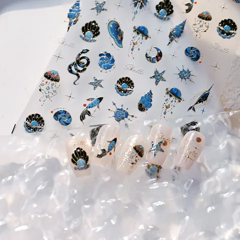 3D Ocean Series Gold Bronzing Nail Art Stickers Blue Shell Jellyfish Moon Butterfly Self Adhesive Manicure Decals For Women