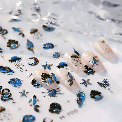 3D Ocean Series Gold Bronzing Nail Art Stickers Blue Shell Jellyfish Moon Butterfly Self Adhesive Manicure Decals For Women