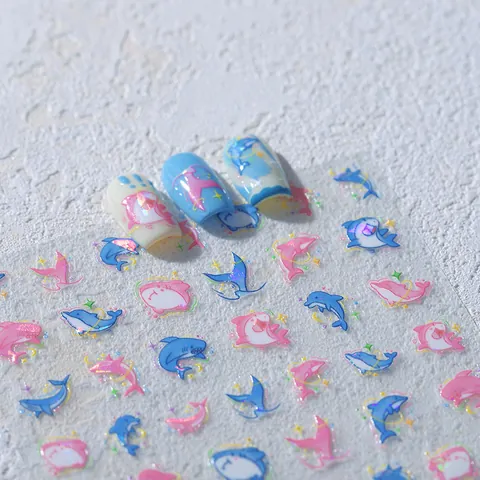 3D Relief Laser Cartoon Delfin Hai Nagelkunst Aufkleber Ultradünn Wasserdicht Bronzierung Nagel Decals Für Damen Mädchen Maniküre