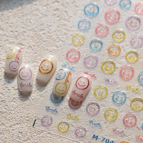 3D Metallic Glitzer Nagelaufkleber Bunte Smiley Gesicht Lächeln Buchstaben Design Selbstklebende Decals Für Damen DIY Dekoration