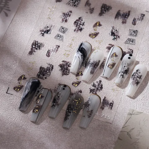New Chinese Style Ink Wash Calligraphy 3D Relief Nail Art Stickers Gold Bronzing Embossed Self Adhesive Decals For Women