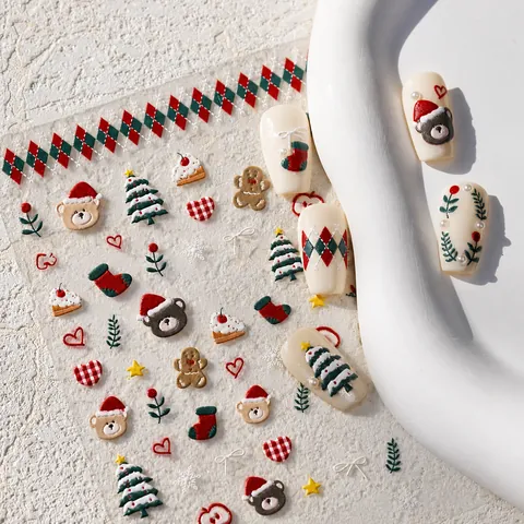 5D Relief Weihnachten Nagelaufkleber Retro Bär Lebkuchenmann Baum Schneeflocken Karo Selbstklebend Nagelkunst Abziehbilder DIY Dekoration