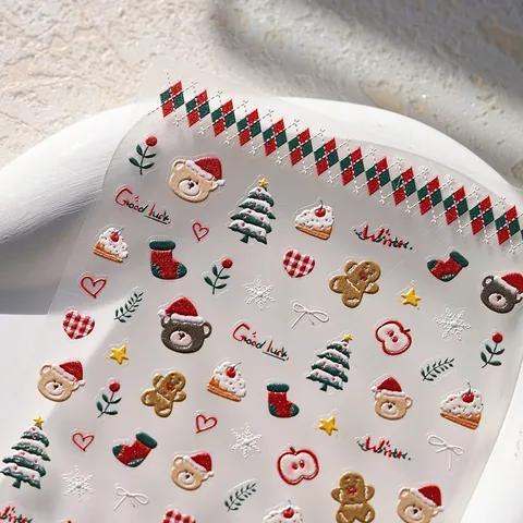 5D Relief Weihnachten Nagelaufkleber Retro Bär Lebkuchenmann Baum Schneeflocken Karo Selbstklebend Nagelkunst Abziehbilder DIY Dekoration