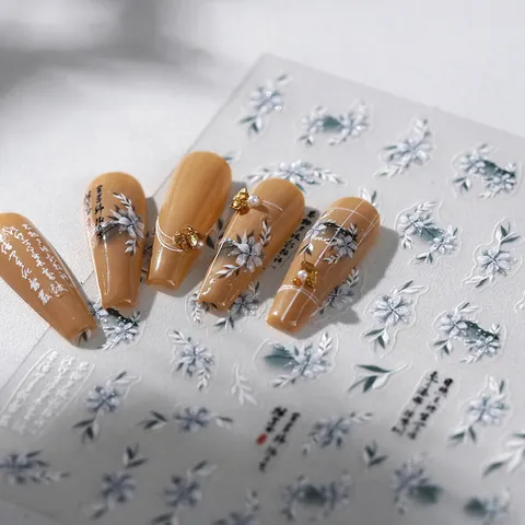 Adesivi per Unghie in Stile Cinese Vintage Motivo a Fiori Bianchi e Calligrafia Foglia Oro Adesivi DIY Ultrasottili