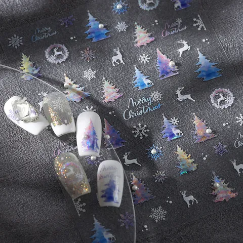 Christmas 5D Embossed Nail Art Stickers Holographic Laser Reindeer Snowflake Tree With Faux Artificial Pearl Self-Adhesive Decals