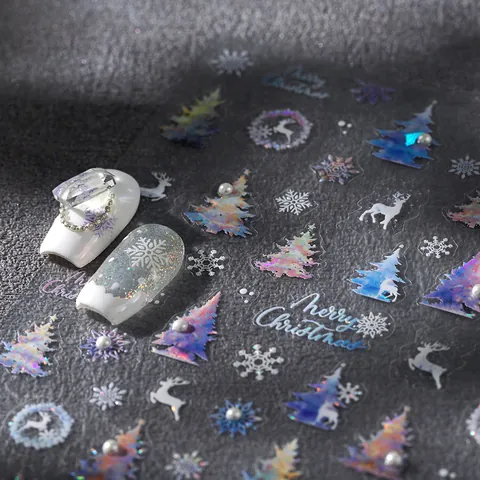 Christmas 5D Embossed Nail Art Stickers Holographic Laser Reindeer Snowflake Tree With Faux Artificial Pearl Self-Adhesive Decals