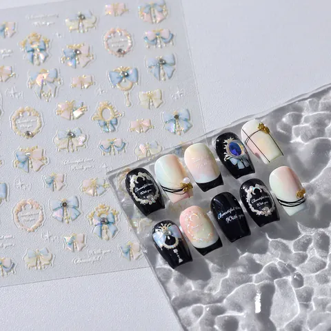 3D Embossed Nail Art Stickers Holographic Laser Bowknot Retro Frame Adhesive Manicure Decals Elegant Sweet Girl