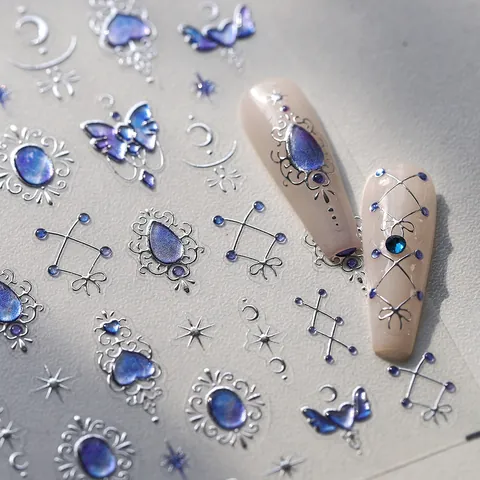 3D Embossed Blue Dreamy Butterfly Star Moon Nail Art Stickers Metallic Silver Edge Self Adhesive Retro Nail Decoration For Women