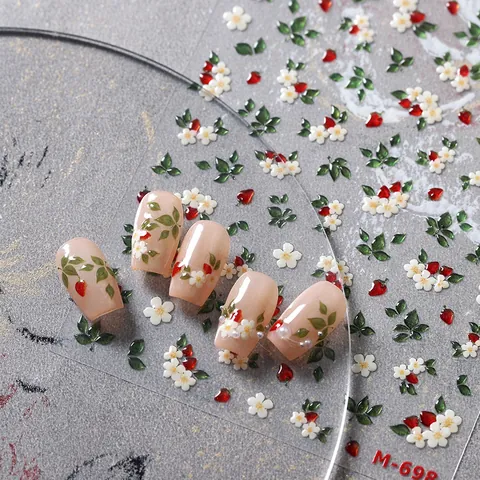 5D Embossed Nail Art Stickers White Flower Red Strawberry Design Self Adhesive 3D Relief Ceramic Look PVC Nail Decals For Women Decoration