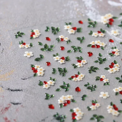 5D Embossed Nail Art Stickers White Flower Red Strawberry Design Self Adhesive 3D Relief Ceramic Look PVC Nail Decals For Women Decoration