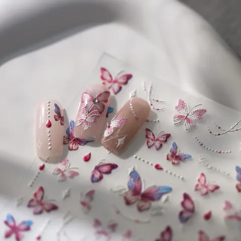 5D Embossed Butterfly Nail Art Stickers Self Adhesive Gradient Holographic Manicure Decoration For Women DIY Nail Decals