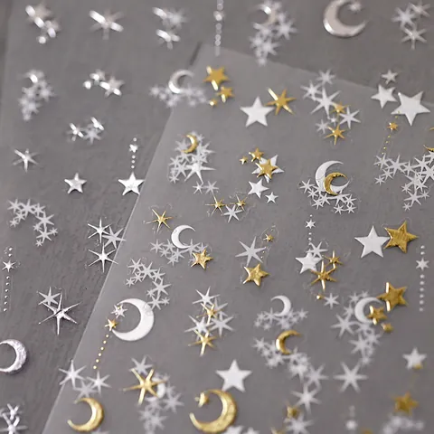 Adesivi per Nail Art alla Moda con Stelle e Lune Oro Argento Bianco Bronzatura Disegni Celesti Decorazione Manicure Fai-da-te per Donna Forniture per Unghie
