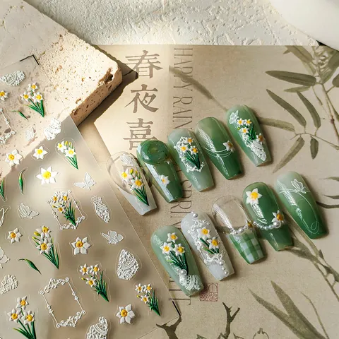 5D Geprägt Nagelaufkleber Narzisse Schmetterling 3D Selbstklebend Decals Für Damen DIY Maniküre Dekoration Zubehör