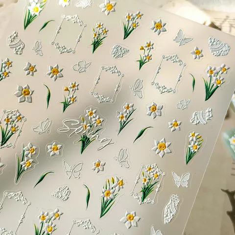 5D Geprägt Nagelaufkleber Narzisse Schmetterling 3D Selbstklebend Decals Für Damen DIY Maniküre Dekoration Zubehör