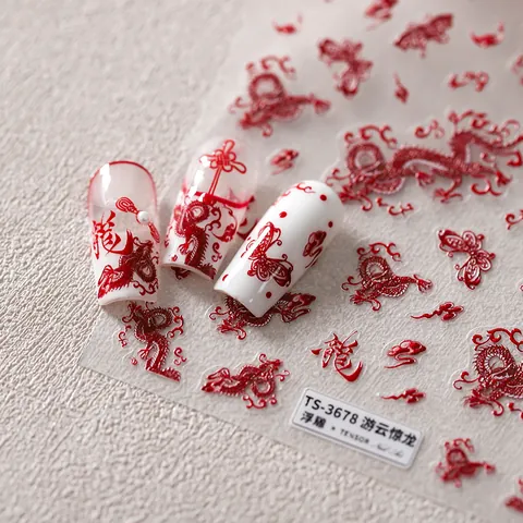 Autocollants À Ongles Dragon En Relief 3D Style Chinois Rouge Motifs Papillon Et Nuage Pour Femmes Décoration De Manucure Nail Art