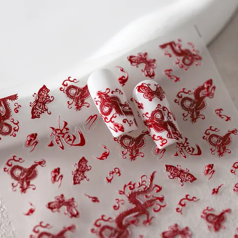 Autocollants À Ongles Dragon En Relief 3D Style Chinois Rouge Motifs Papillon Et Nuage Pour Femmes Décoration De Manucure Nail Art