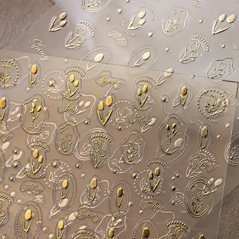 Nail Art Stickers 3D Relief Tulip Flower Spring Metallic Gold Silver PET Self Adhesive Manicure Decoration