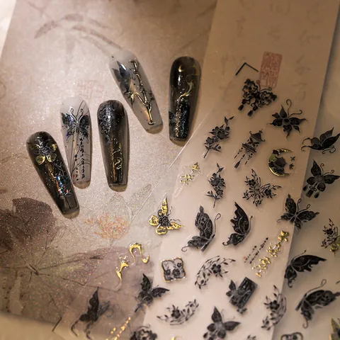 3D Relief Nagelaufkleber Laser Holographisch Schmetterling Chinesischer Stil Bronzierend Selbstklebend Maniküre Damen