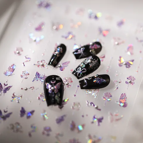 Pegatinas Uñas 5D Relieve Mariposa Holográfica Diseños Florales Decoración Manicura Autoadhesiva Con Perlas Artificiales