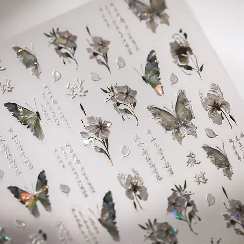 Holografisch Schmetterling Blume Nagelaufkleber Geprägt Chinesische Kalligrafie Bronzierung Selbstklebend DIY Maniküre Deko